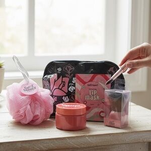 Lancôme Black Floral Cosmetic Bag w/ Sweet Shimmer Spa & Beauty Set